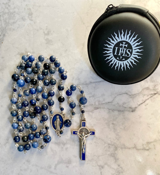 Blue Enamel St. Benedict Crucifix Gemstone Rosary