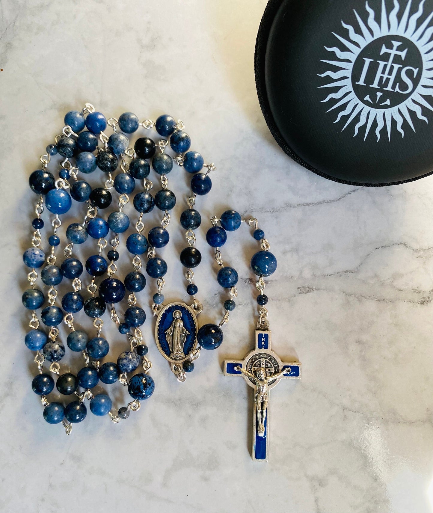 Blue Enamel St. Benedict Crucifix Gemstone Rosary